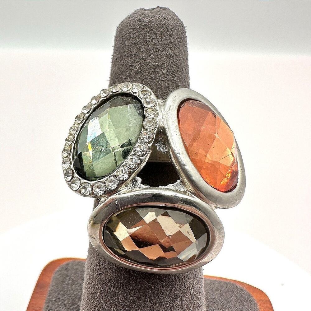 Vintage 90s Rhinestone Silver Tone Statement Ring Boho Women's Classic Jewelry